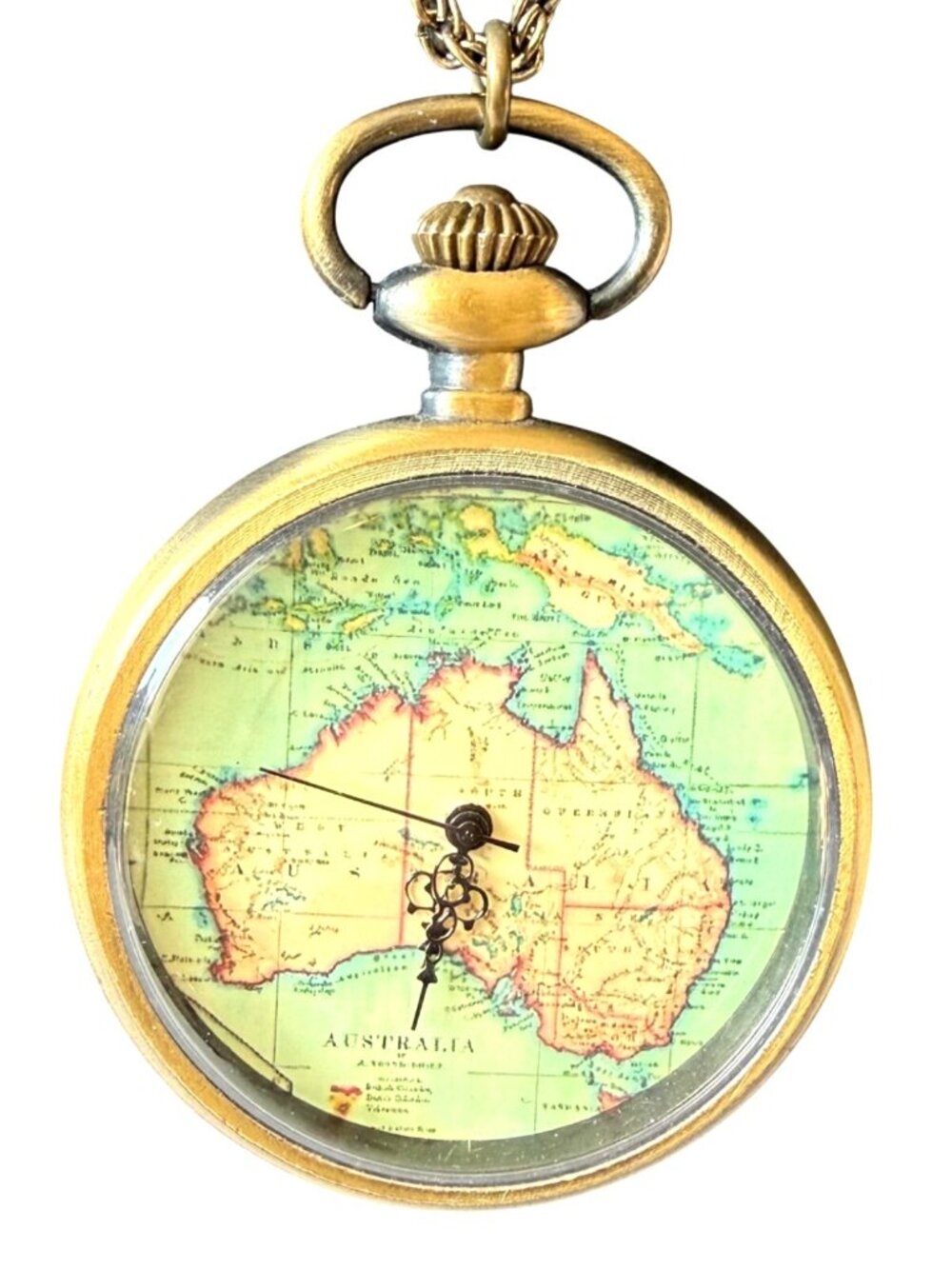 Vintage Necklace Australia Map Pocket Watch Pendant Brass 30 inches